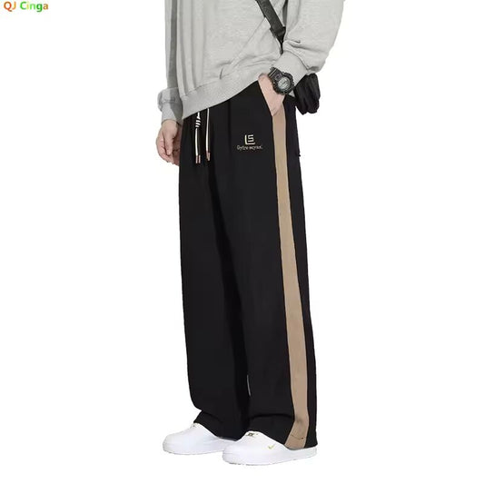 Spring Black Men's Drawstring Trousers, Fashion Casual Pants, Dark Gray, Apricot Color Splicing Pant, Asian Size M-5XL