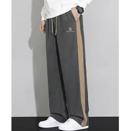 Spring Black Men's Drawstring Trousers, Fashion Casual Pants, Dark Gray, Apricot Color Splicing Pant, Asian Size M-5XL