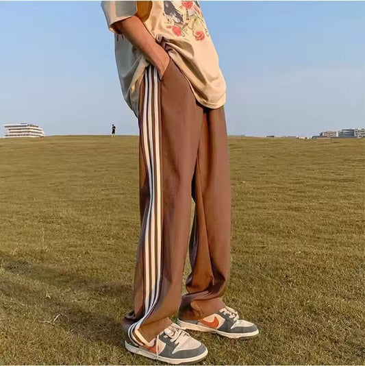 Casual Trendy American Style Youth Ice Silk Pants Loose Fit Straight Leg Men's Summer Trousers Drawstring Ankle Length