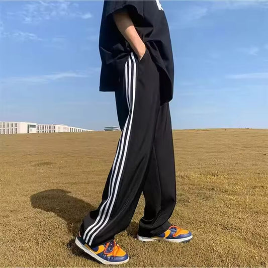 Casual Trendy American Style Youth Ice Silk Pants Loose Fit Straight Leg Men's Summer Trousers Drawstring Ankle Length