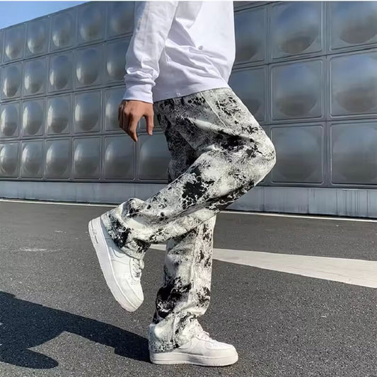 Printed jeans Unisex Elastic waist Spring 2025 Mopping Trousers Jeans Mens Fashion Korean Style High Street Loose Hip Hop Pants