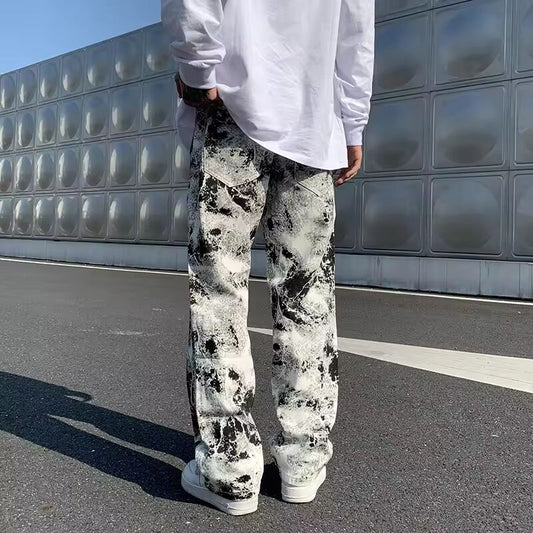 Printed jeans Unisex Elastic waist Spring 2025 Mopping Trousers Jeans Mens Fashion Korean Style High Street Loose Hip Hop Pants